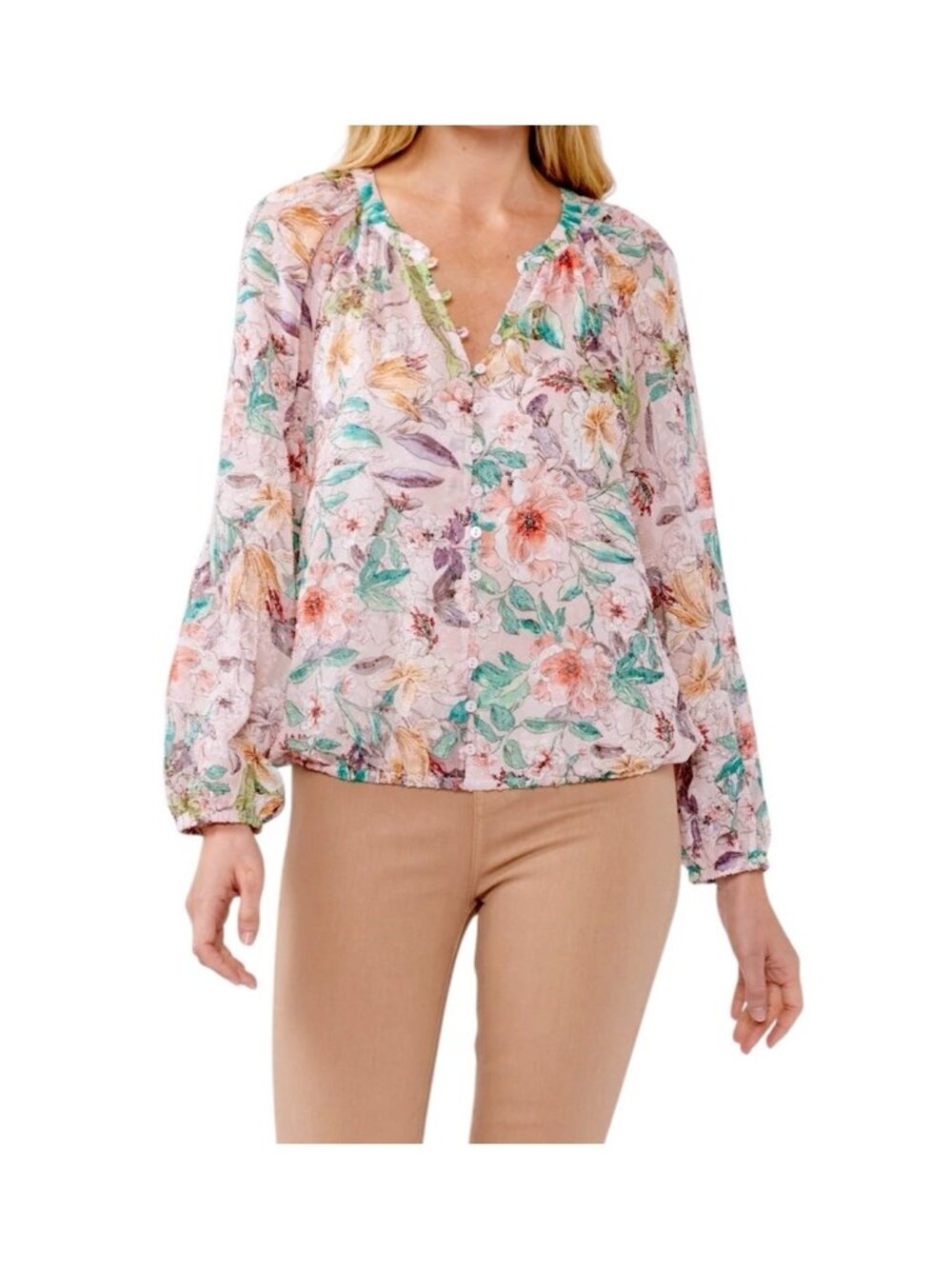 Lovestitch Pink Boho Cottage Peasant Long Sleeve Sheer Blouse Size Large